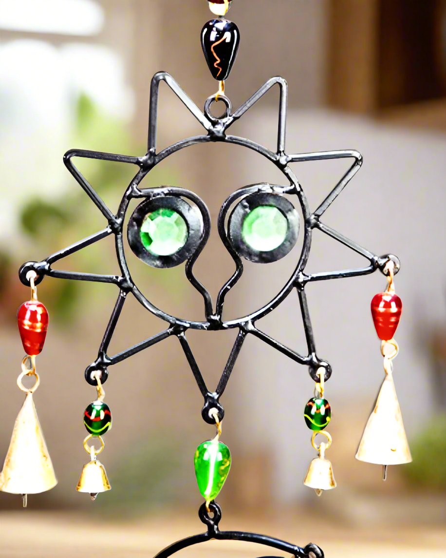 Celestial sun and moon chime with colorful glass beads and metal hanging design