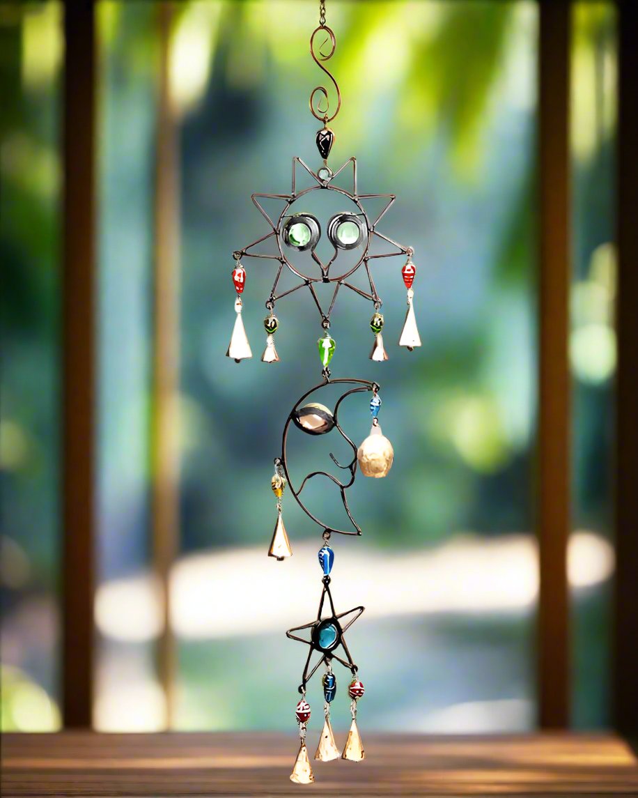 Celestial sun and moon chime with colorful glass beads and metal hanging design