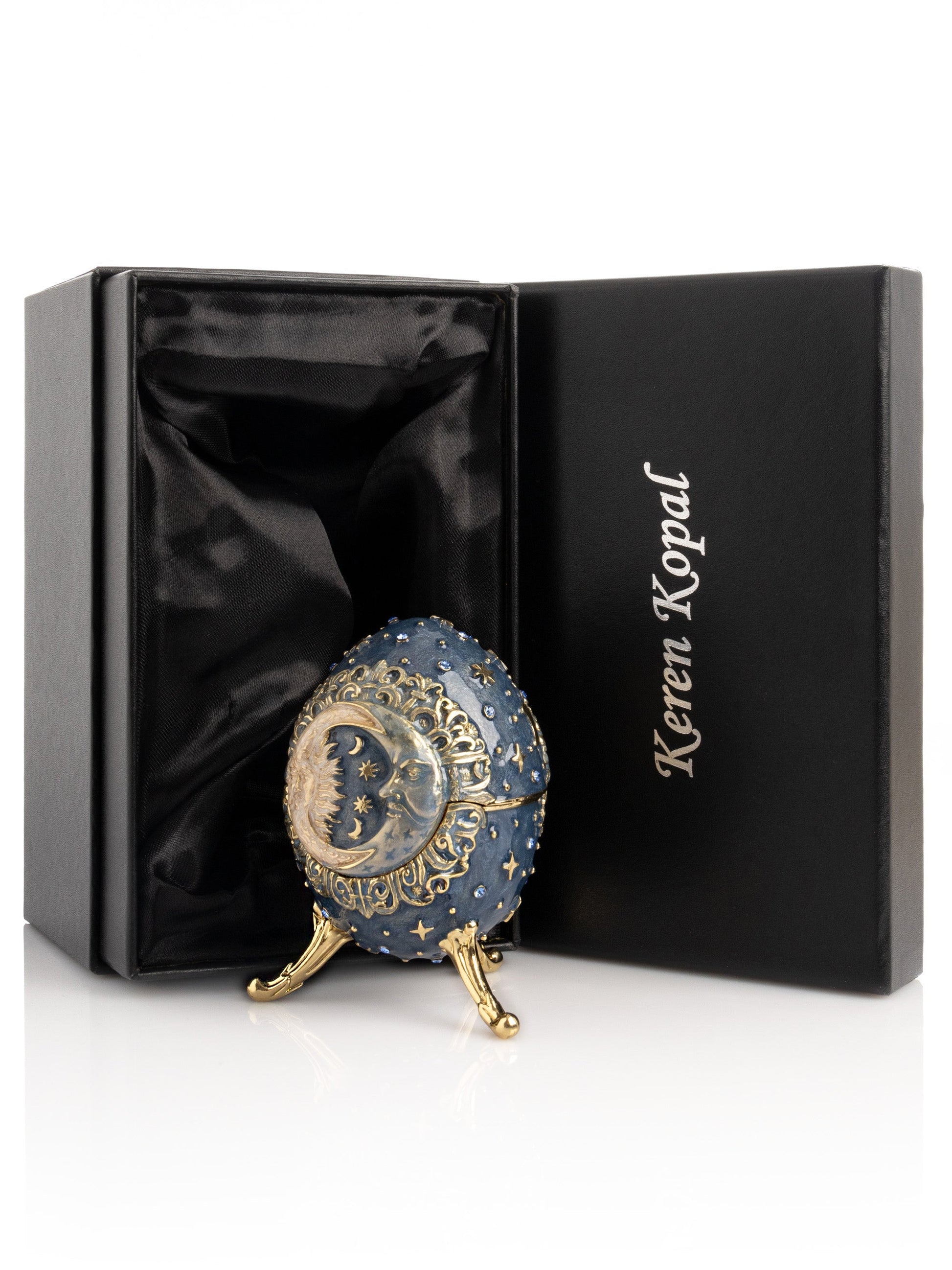 Celestial Sun and Moon Egg Trinket Box – Fabergé style jewelry keepsake with crystals and 24K gold plating