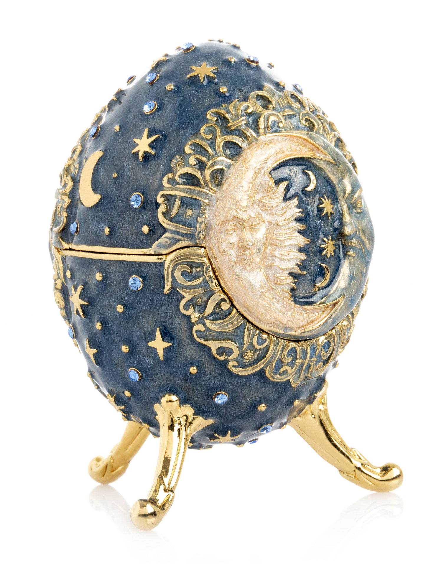 Celestial Sun and Moon Egg Trinket Box – Fabergé style jewelry keepsake with crystals and 24K gold plating