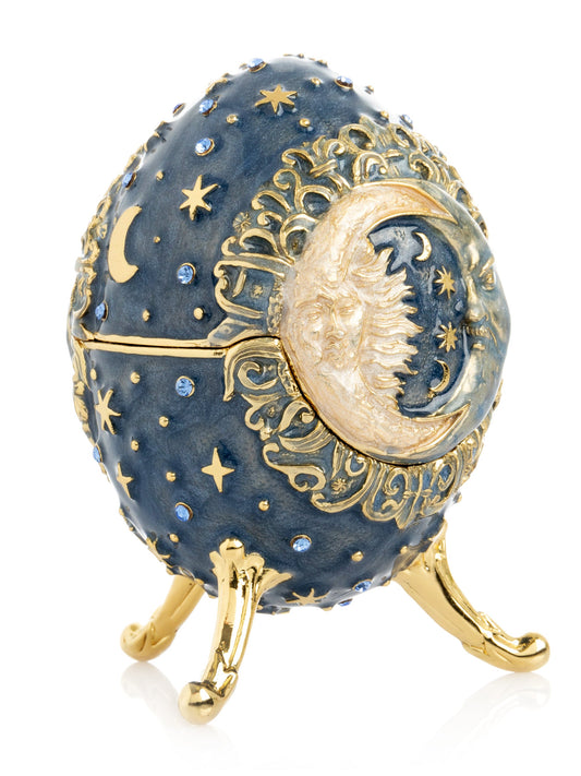 Celestial Sun and Moon Egg Trinket Box – Fabergé style jewelry keepsake with crystals and 24K gold plating