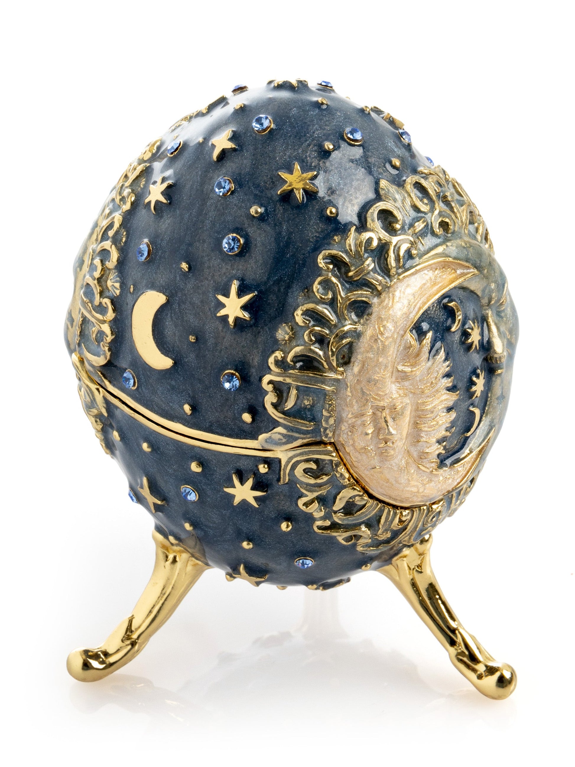 Celestial Sun and Moon Egg Trinket Box – Fabergé style jewelry keepsake with crystals and 24K gold plating