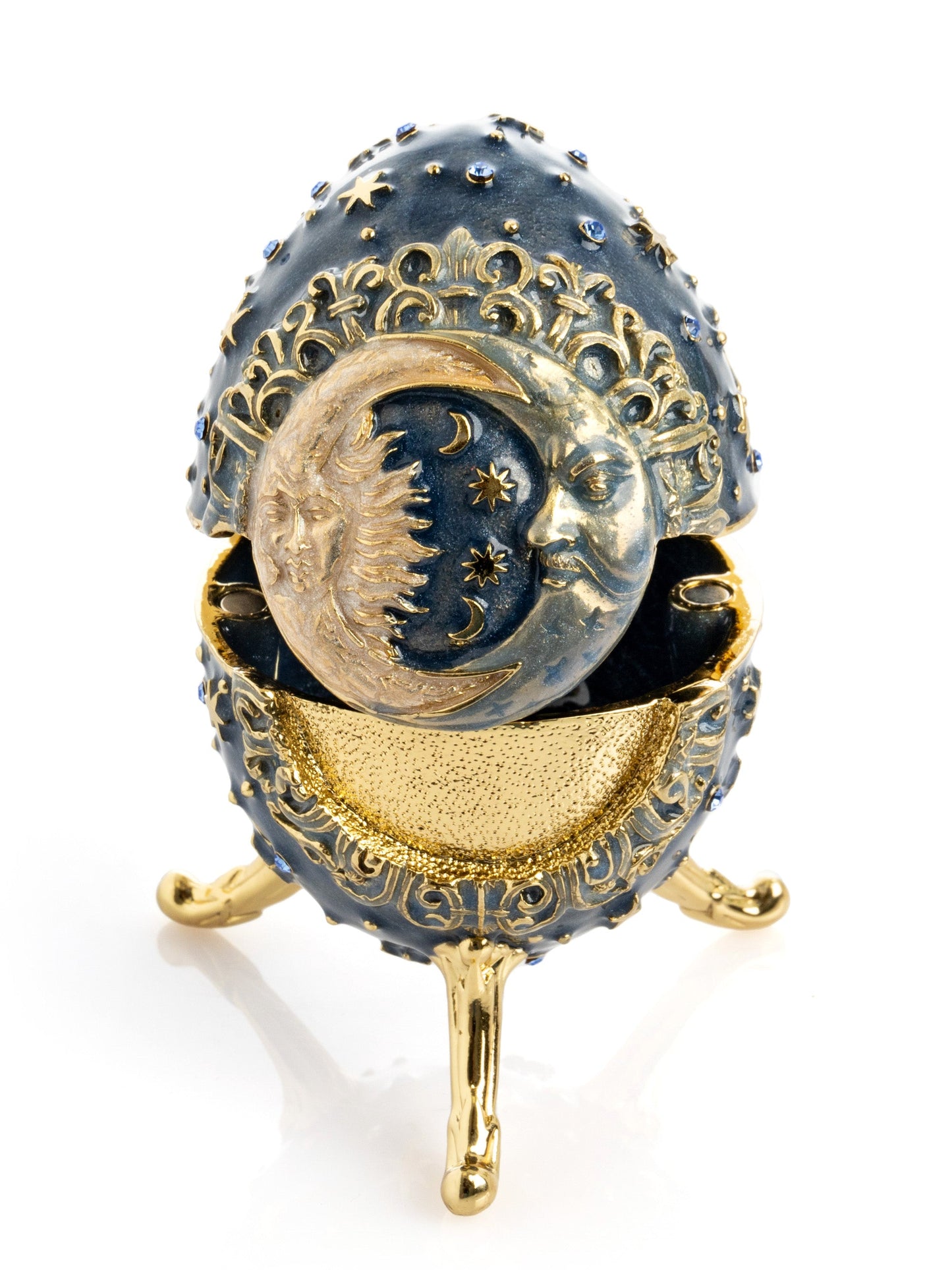 Celestial Sun and Moon Egg Trinket Box – Fabergé style jewelry keepsake with crystals and 24K gold plating