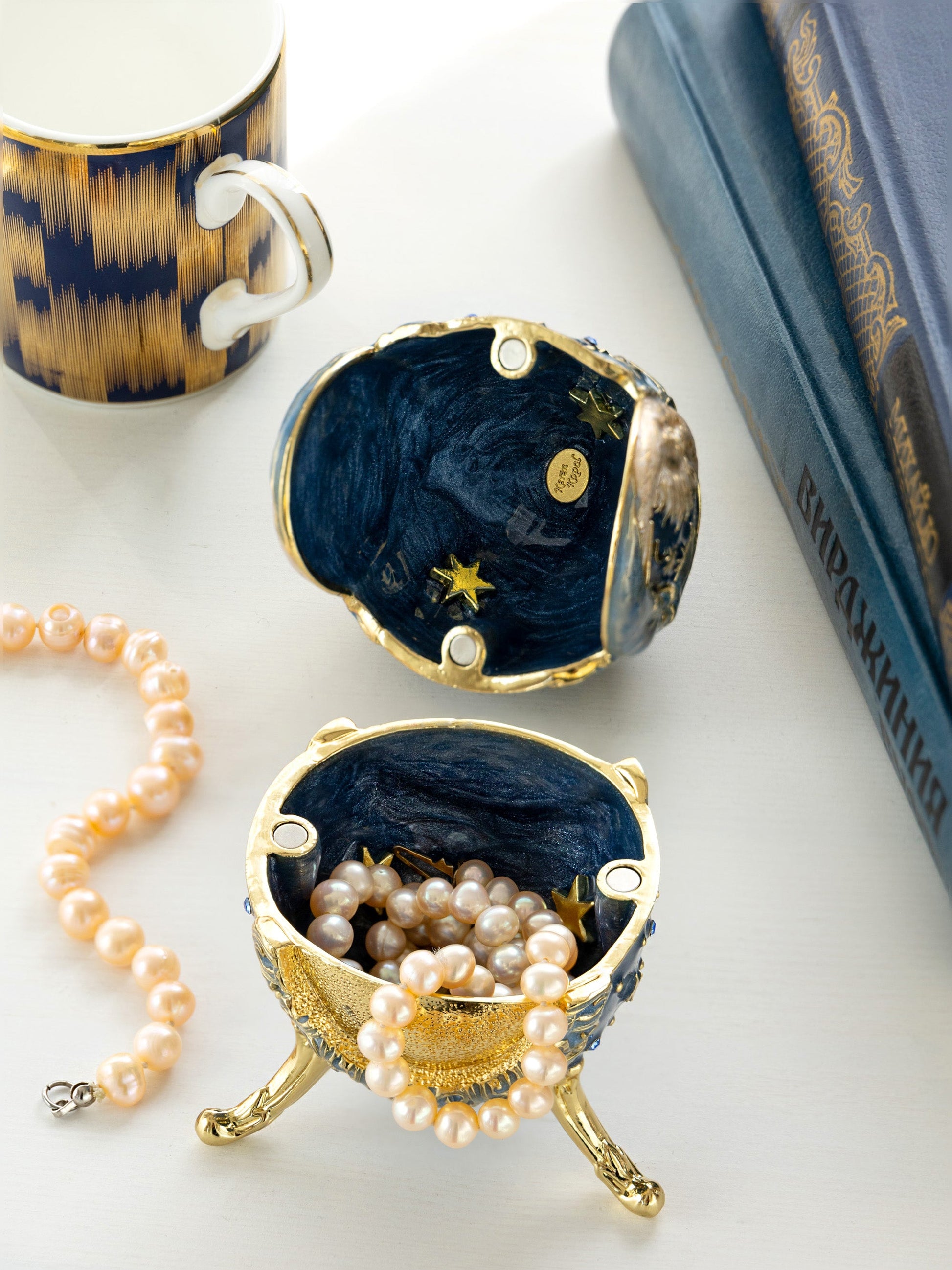 Celestial Sun and Moon Egg Trinket Box – Fabergé style jewelry keepsake with crystals and 24K gold plating