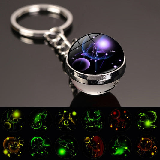 Zodiac constellation luminous keychain with starry sky glass pendant cosmic design background