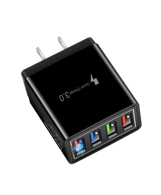 Black four-port USB charger with LED indicators on a white background