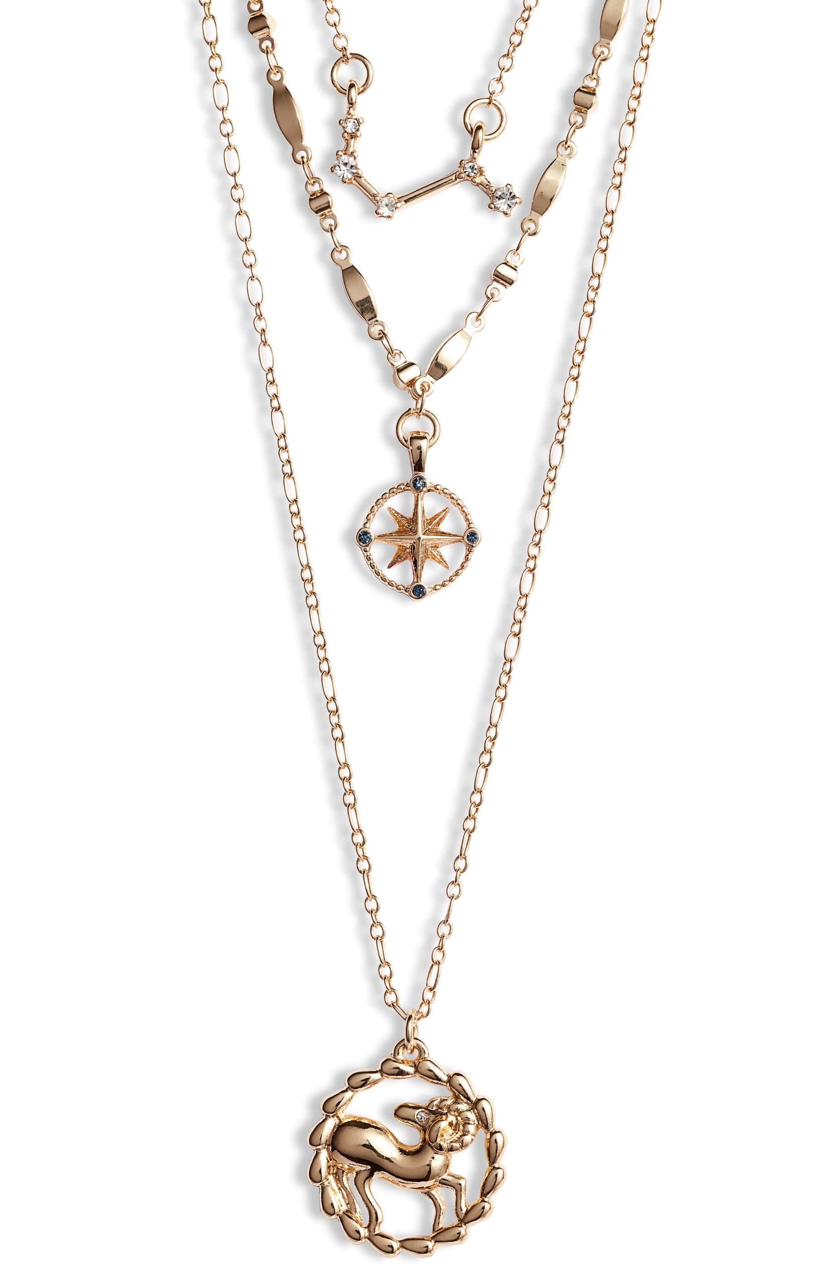 Aries zodiac layered charm necklace with gold astrology pendants