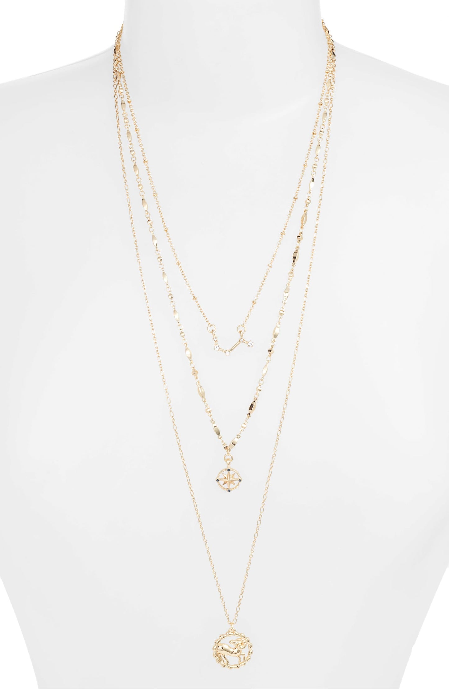 triple layer Aries astrology necklace with crystal accents