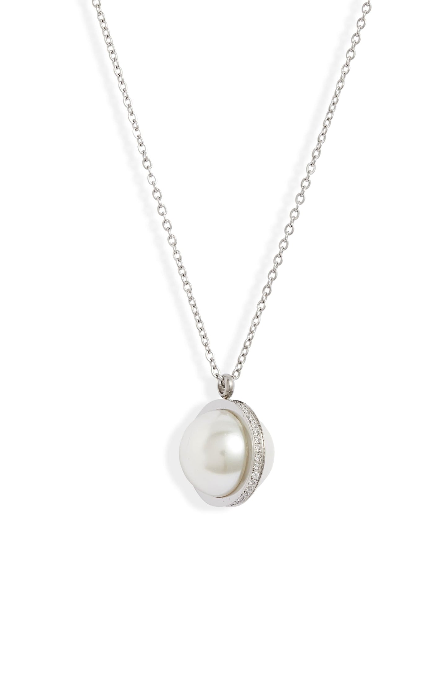 celestial pearl pendant necklace with crystal orbit design