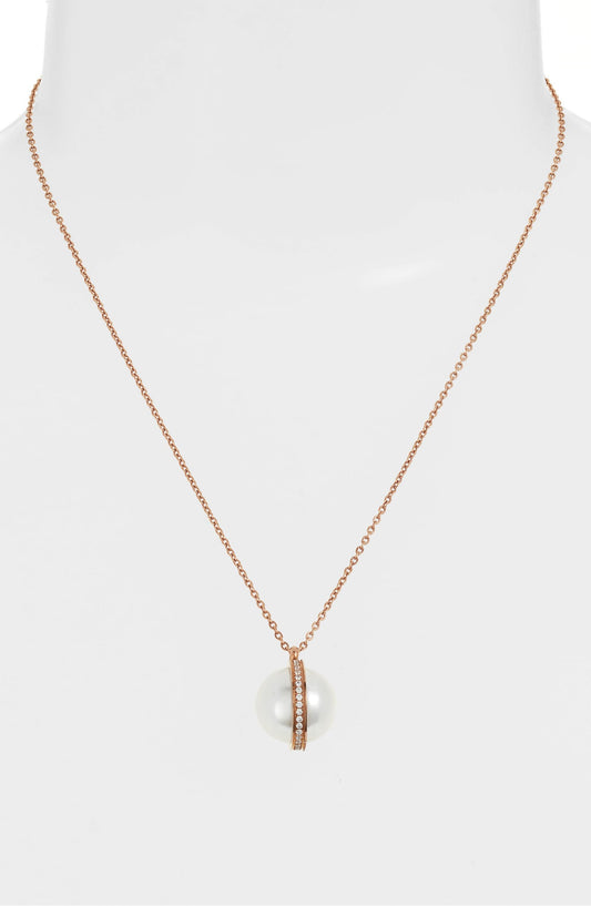Pearl crystal orbit necklace with cubic zirconia on gold chain