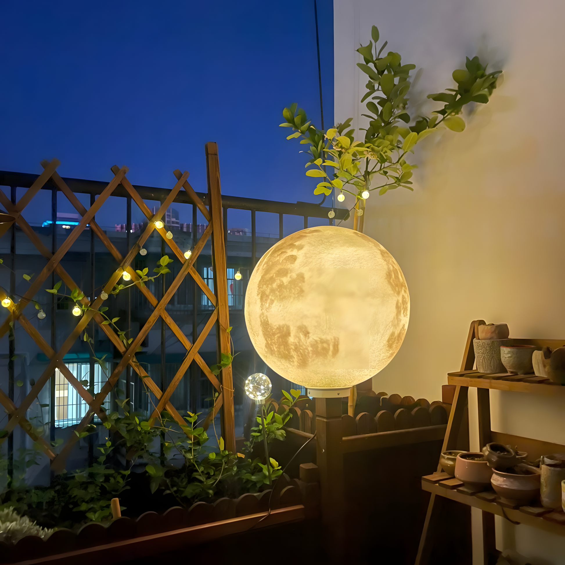Decorative moon lamp on a balcony with plants and a night sky view.