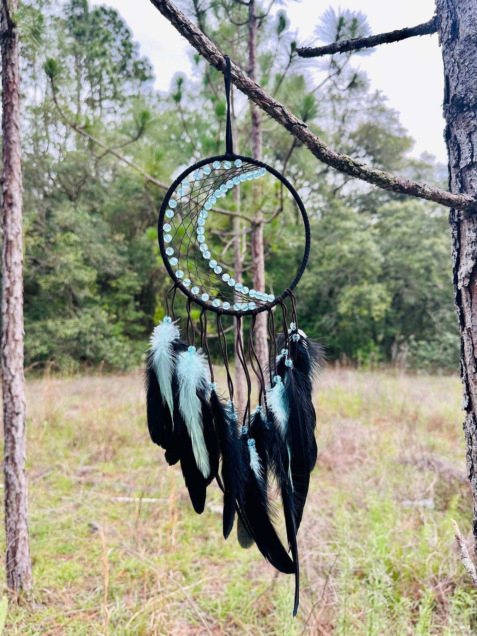 boho crescent moon dream catcher wall hanging with feathers and beads