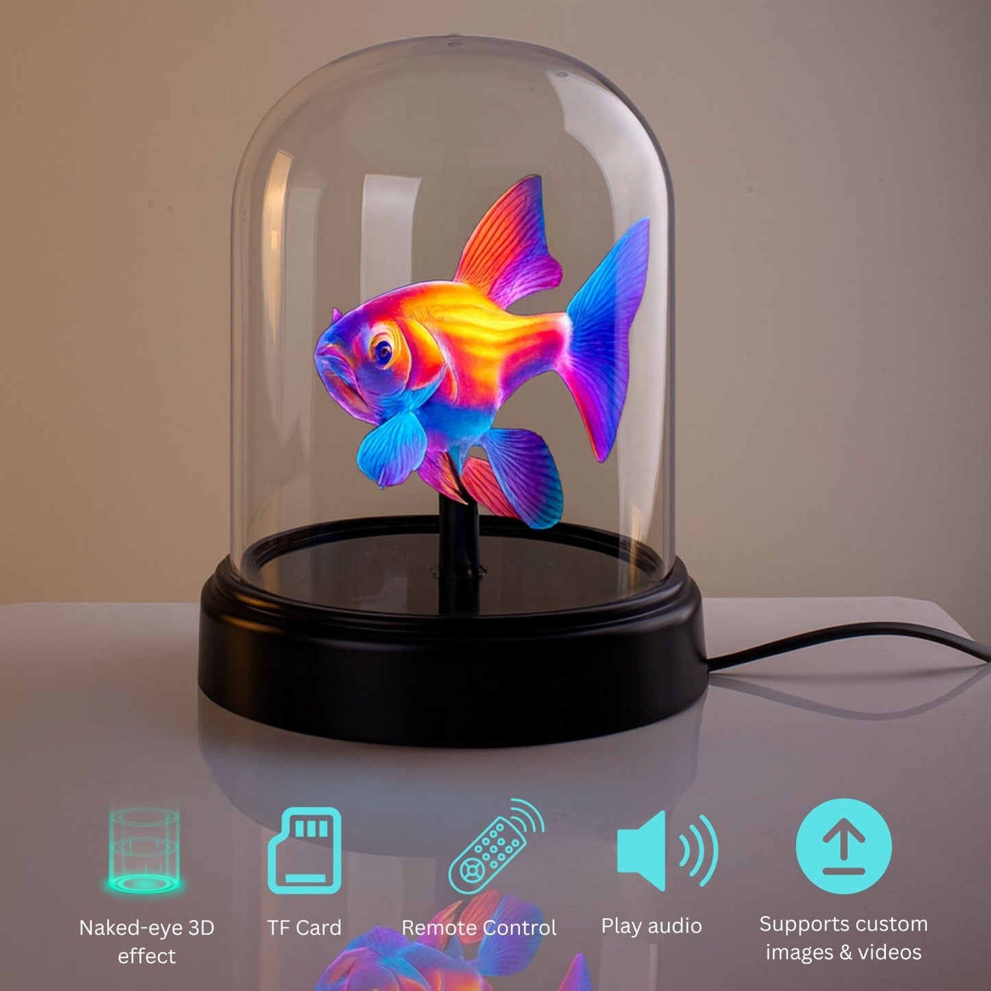 3D hologram LED projector lamp displaying colorful floating fish