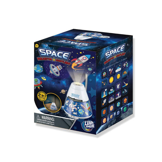 Space capsule projector night light with colorful space image projection and blue base for kids room cosmic decor