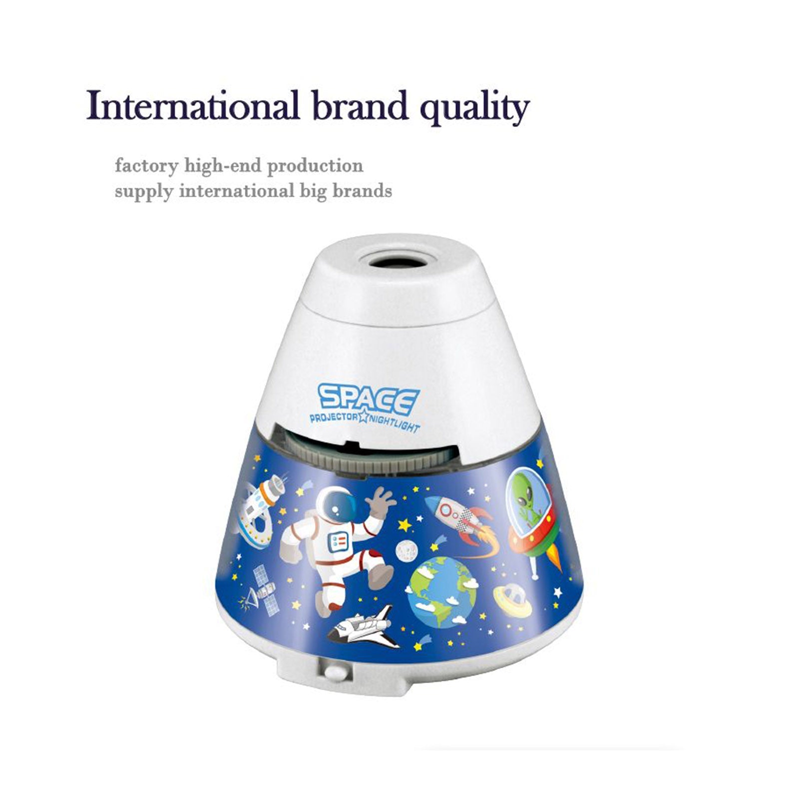 Space capsule projector night light with colorful space image projection and blue base for kids room cosmic decor