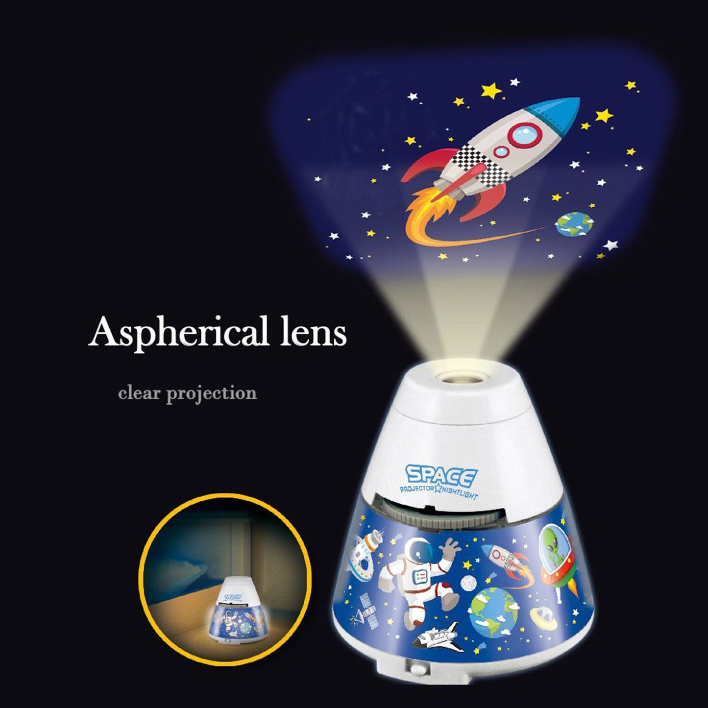 Space capsule projector night light with colorful space image projection and blue base for kids room cosmic decor