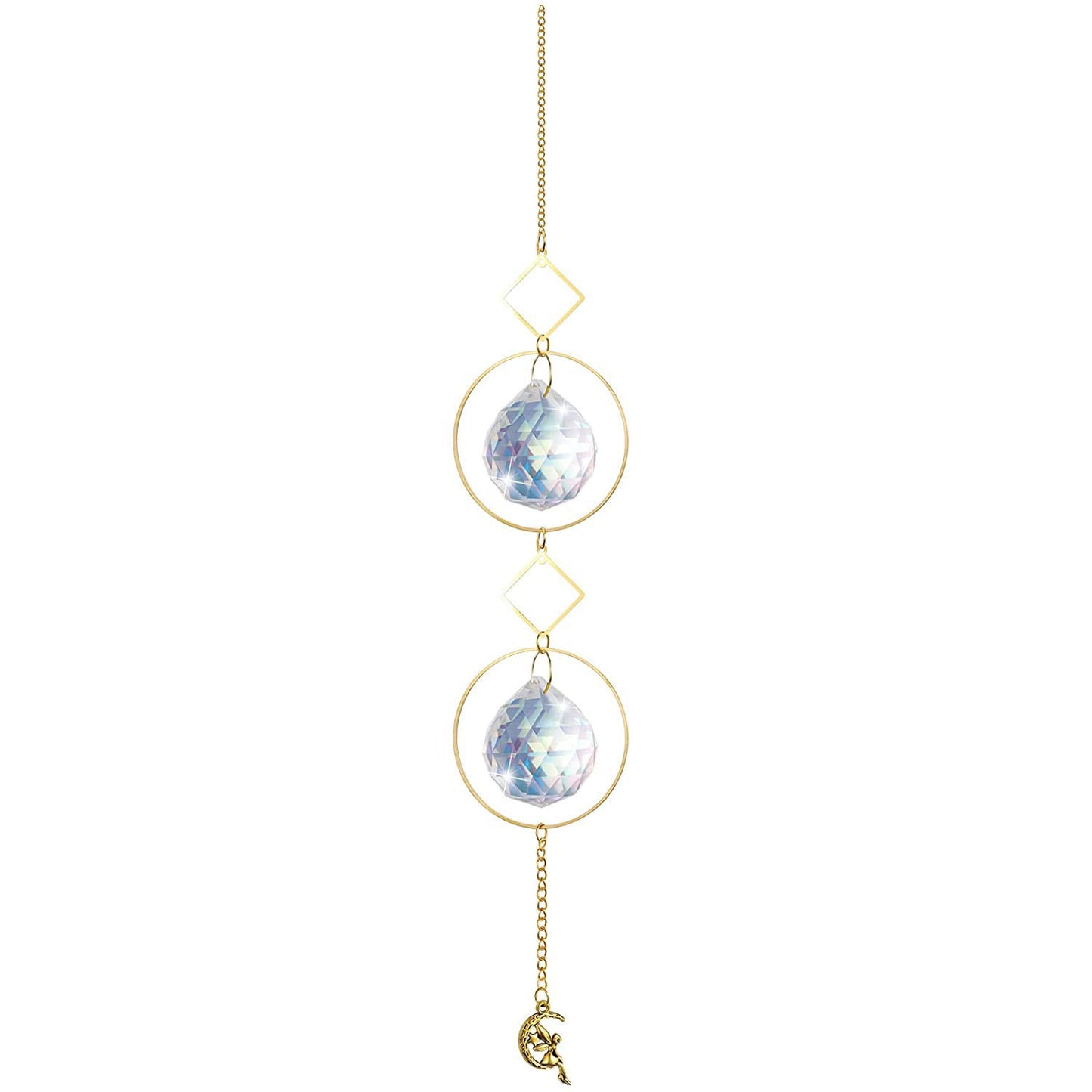 Celestial crystal sun catcher wind chime with moon and star design creating rainbow light reflections in window