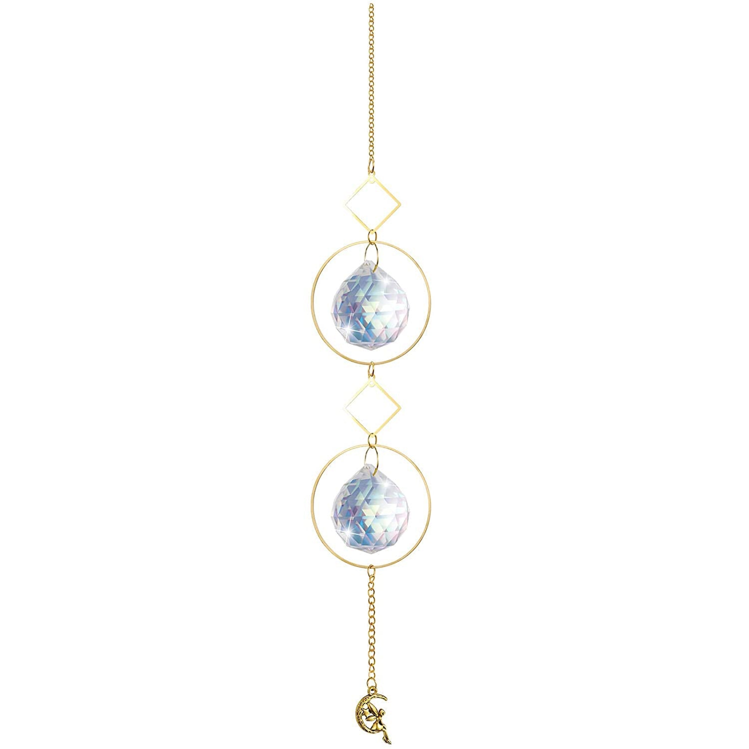 Celestial crystal sun catcher wind chime with moon and star design creating rainbow light reflections in window