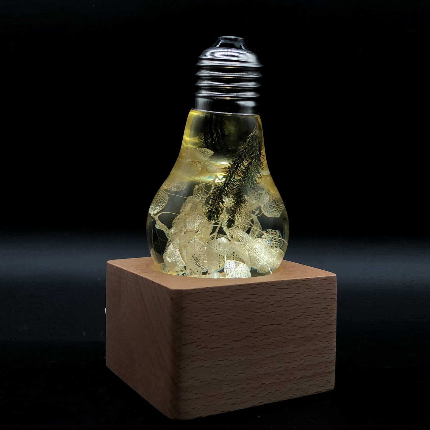 Handcrafted EP Light resin LED bulbs glowing in ambient decorative lighting setup