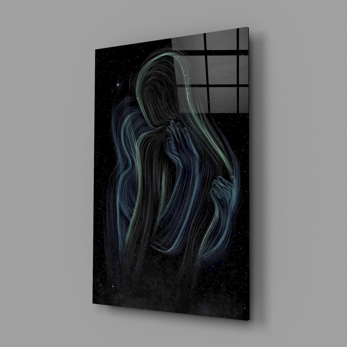 Celestial Embrace glass wall art showing abstract cosmic couple silhouette on dark starry background