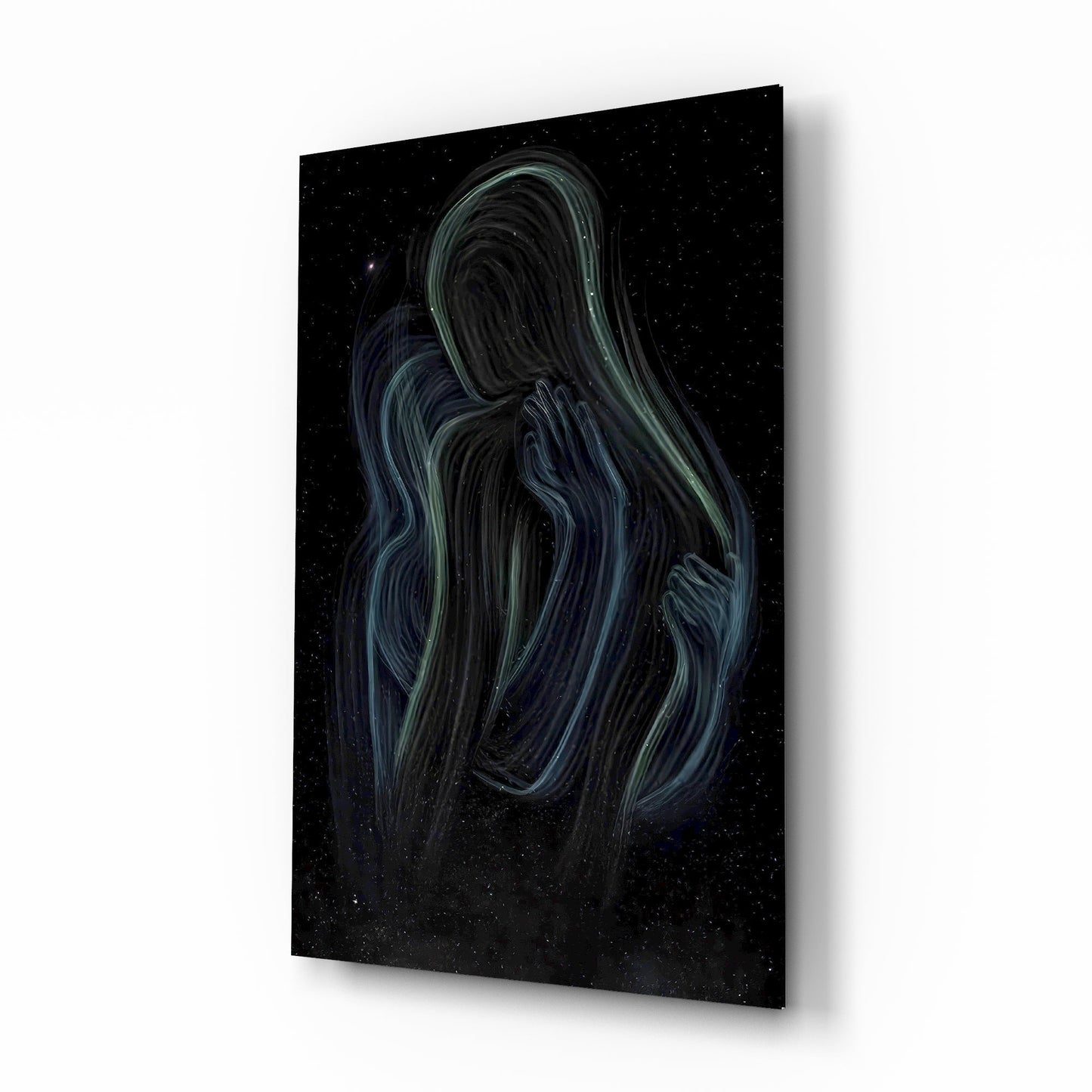 Celestial Embrace glass wall art showing abstract cosmic couple silhouette on dark starry background