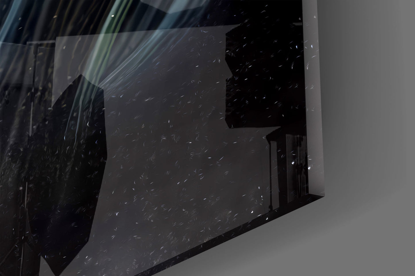 Celestial Embrace glass wall art showing abstract cosmic couple silhouette on dark starry background