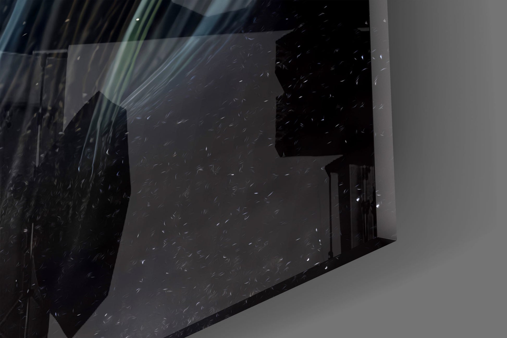 Celestial Embrace glass wall art showing abstract cosmic couple silhouette on dark starry background