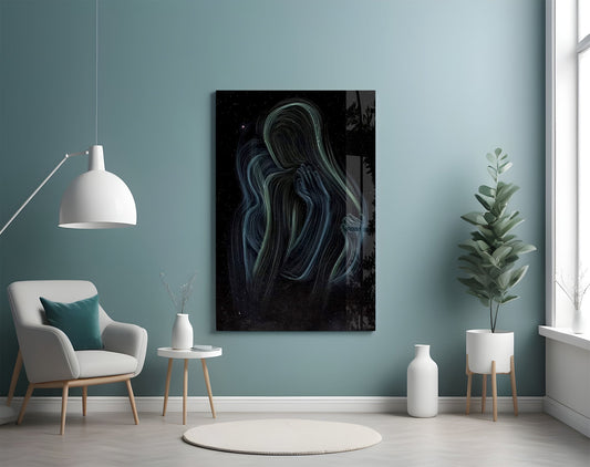 Celestial Embrace glass wall art showing abstract cosmic couple silhouette 