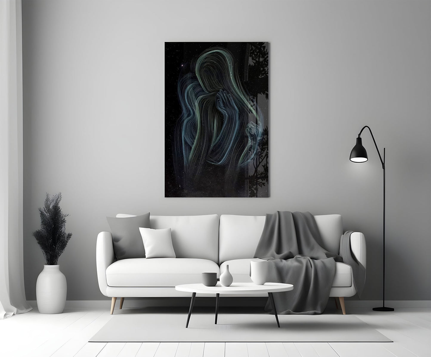 Celestial Embrace glass wall art showing abstract cosmic couple silhouette on dark starry background