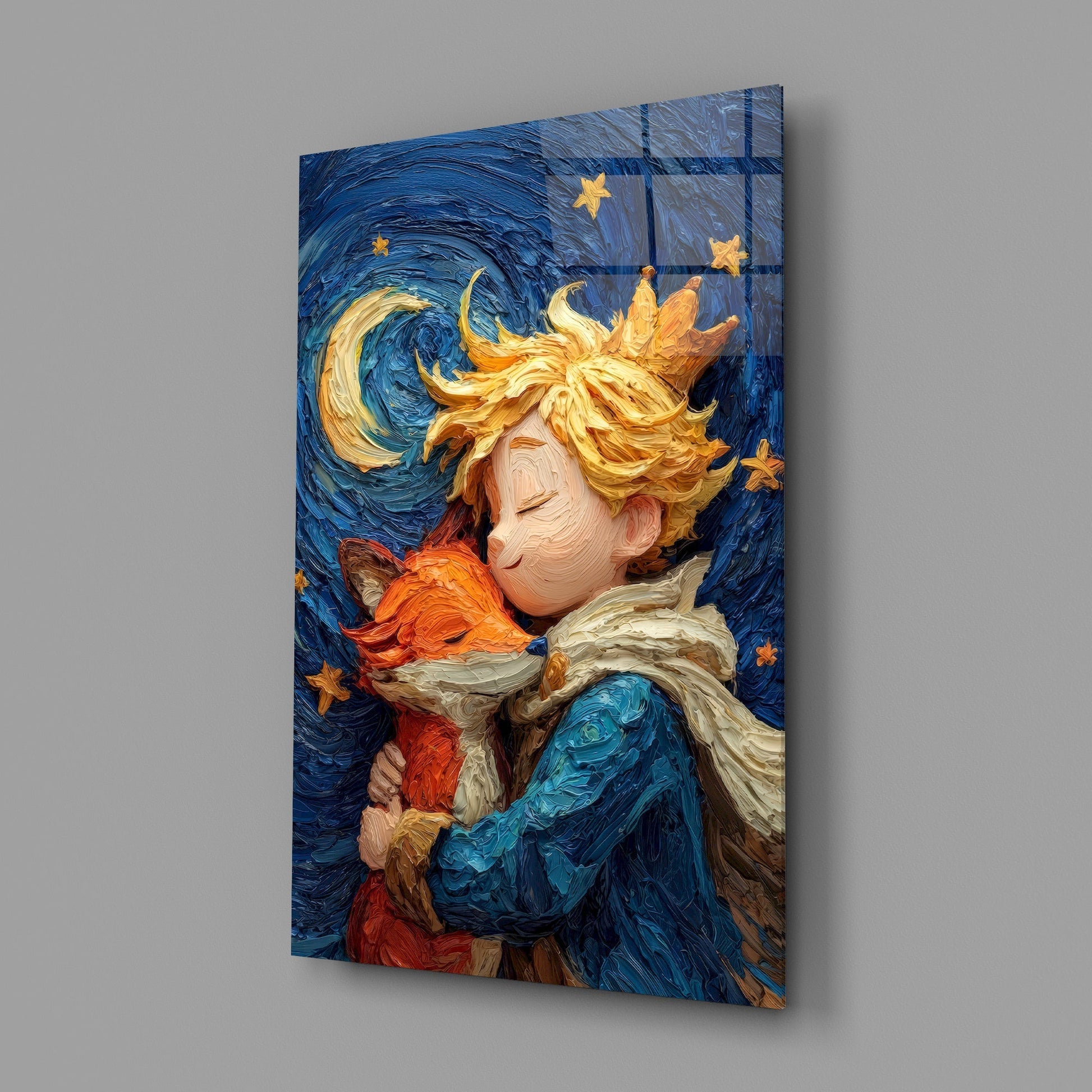 Celestial Embrace starry night tempered glass wall art with child and fox under stars – celestial home decor