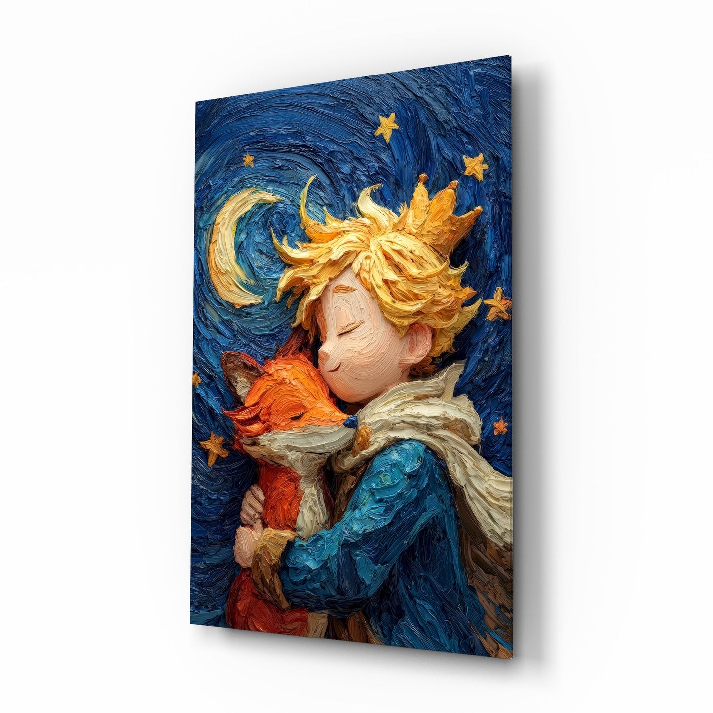 Celestial Embrace starry night tempered glass wall art with child and fox under stars – celestial home decor