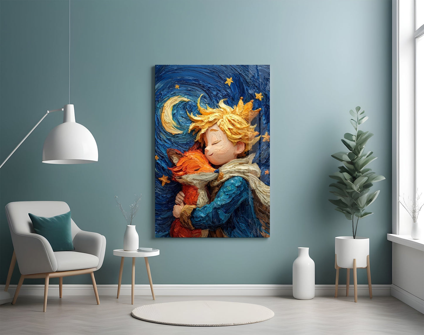 Celestial Embrace starry night tempered glass wall art with child and fox under stars – celestial home decor