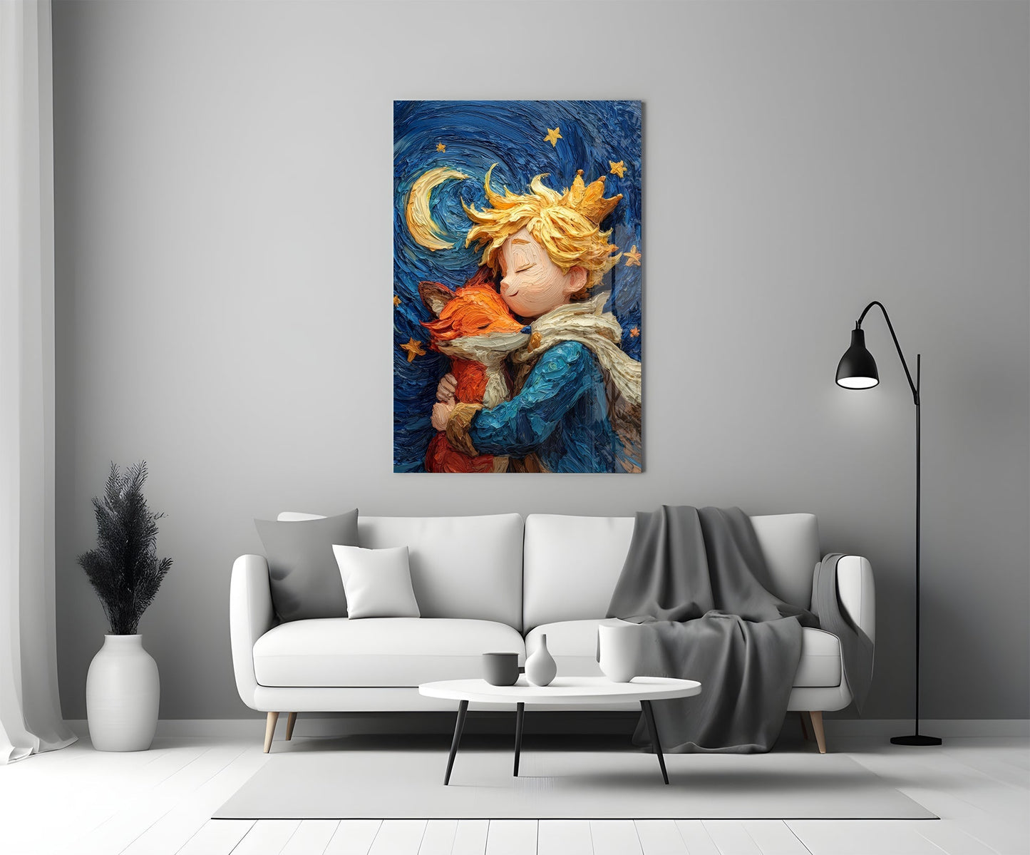 Celestial Embrace starry night tempered glass wall art with child and fox under stars – celestial home decor