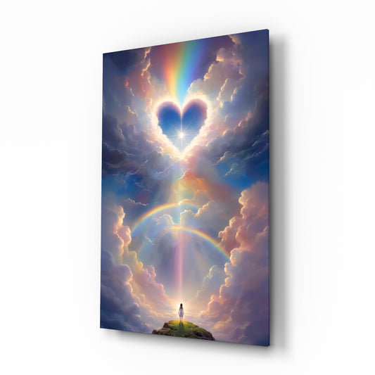 Celestial Heart Horizon tempered glass wall art featuring cosmic heart cloud and starry sky design
