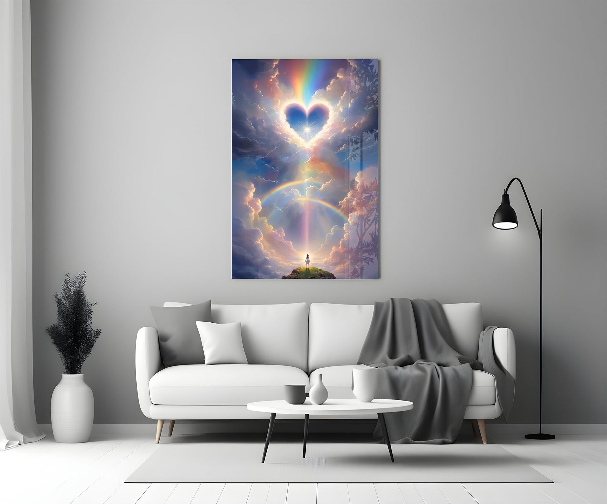 Celestial Heart Horizon tempered glass wall art featuring cosmic heart cloud and starry sky design