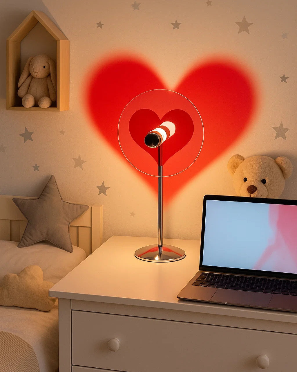 Warm ambient moon light lamp in cozy bedroom setup