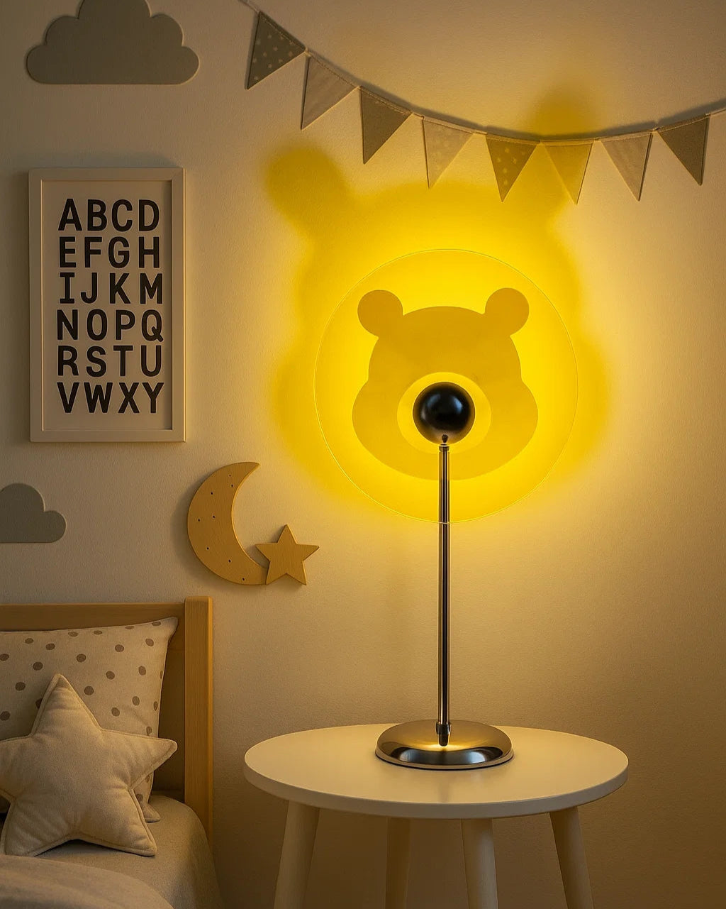 Celestial projector lamp on bedside table glowing softly
