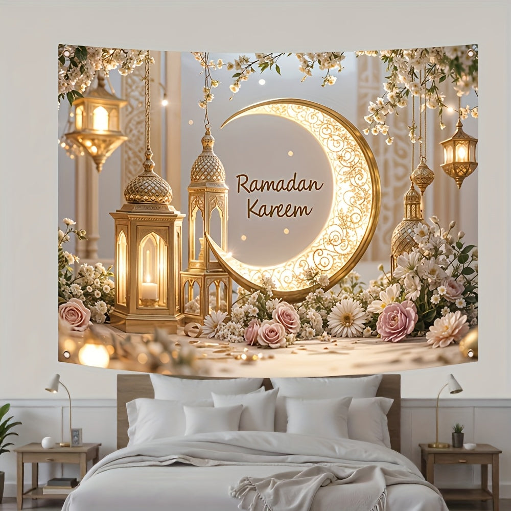 Crescent moon wall tapestry with lantern design, elegant celestial decor for bedroom or living space