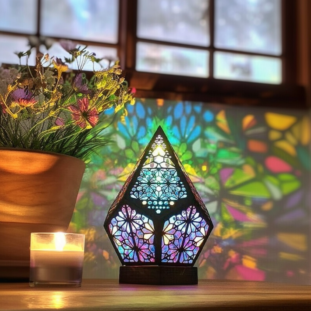 Bohemian wooden table lamp with colorful geometric stained-glass style glow on a tabletop