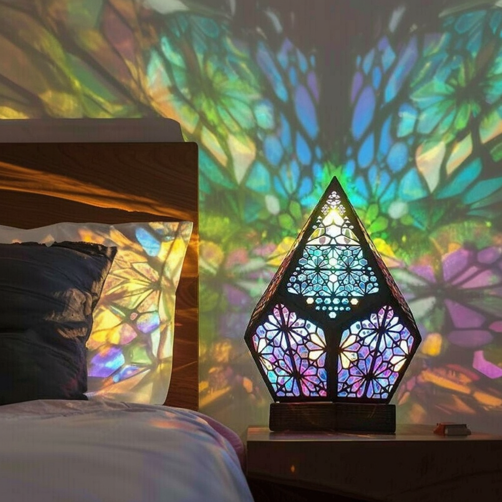 Bohemian wooden table lamp with colorful geometric stained-glass style glow on a tabletop