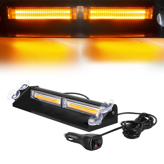 Car emergency light bar with yellow LEDs and power adapter on a white background