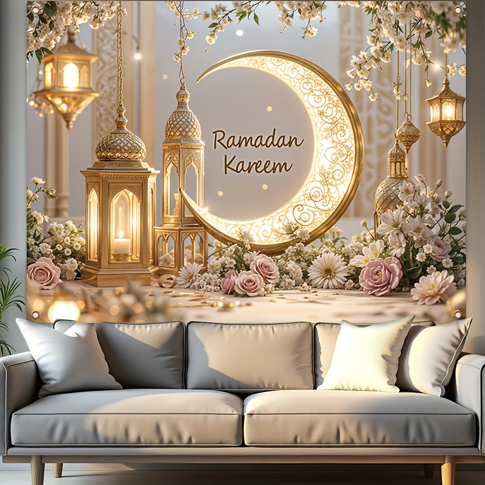 Crescent moon wall tapestry with lantern design, elegant celestial decor for bedroom or living space