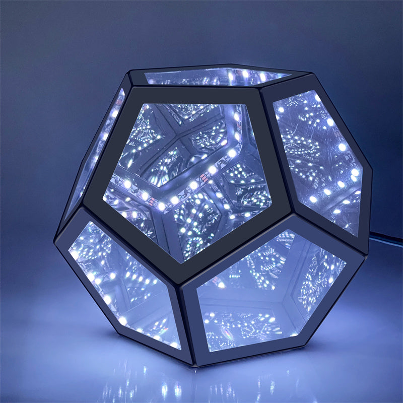 Geometric LED lamp with a futuristic design on a dark background