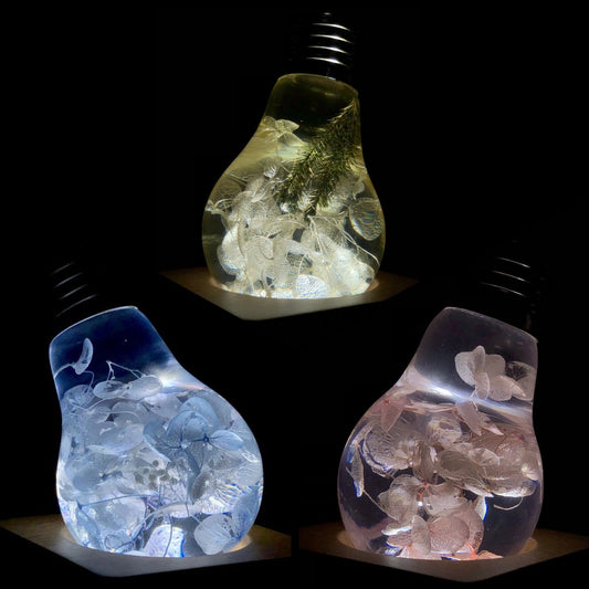Handcrafted EP Light resin LED bulbs glowing in ambient decorative lighting setup