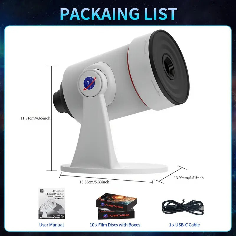 White rotating planetarium projector galaxy light with retail box and colorful cosmic room projections