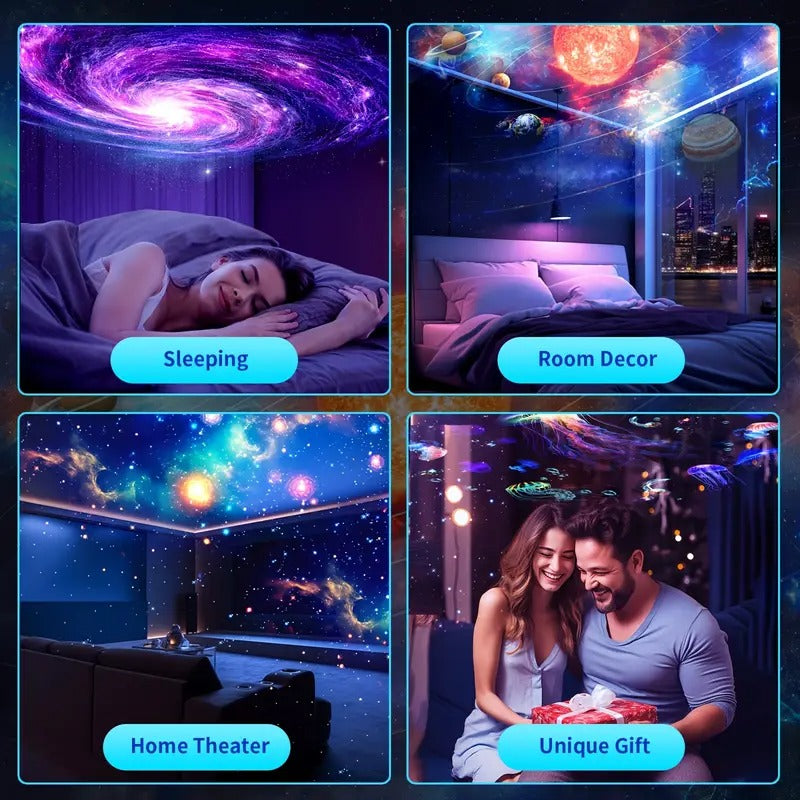 White rotating planetarium projector galaxy light with retail box and colorful cosmic room projections &
galaxy-themed projections.