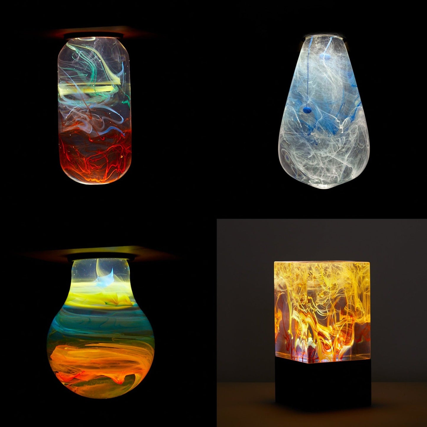Four different colorful lava lamp designs on a black background