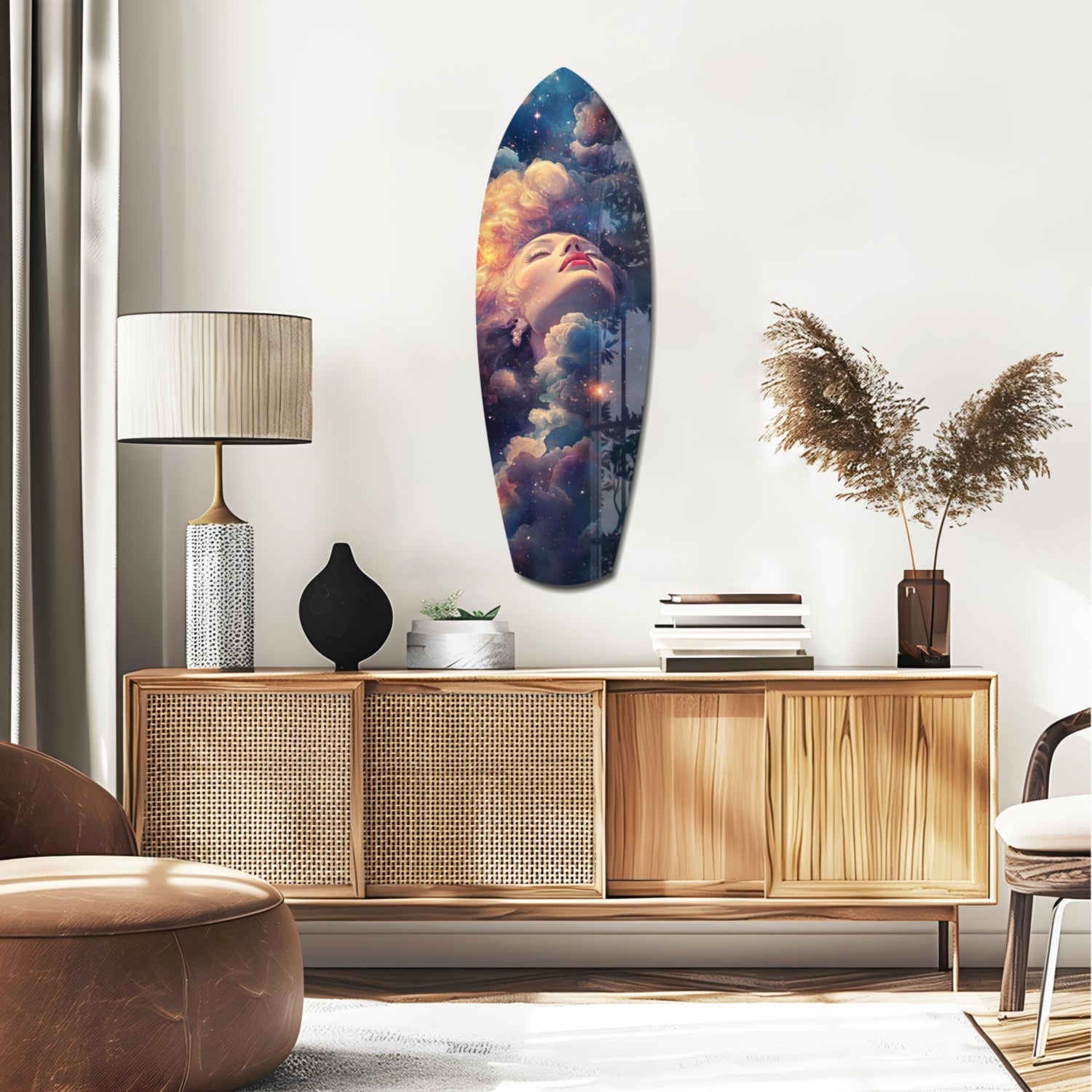 Celestial Dreamer tempered glass wall art featuring a starry night celestial scene above a sofa