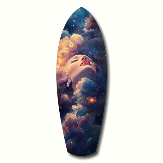 Celestial Dreamer tempered glass wall art featuring a starry night celestial scene above a sofa