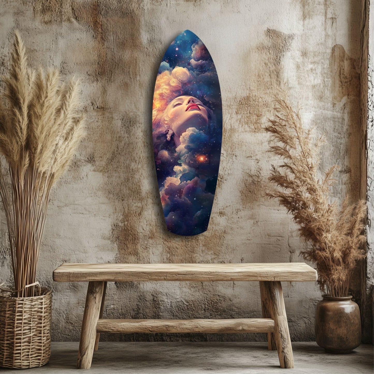 Starry night celestial glass wall art hanging in modern living room decor